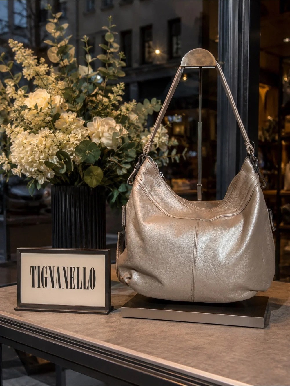 Tignanello Metallic Taupe Leather Shoulder Hobo